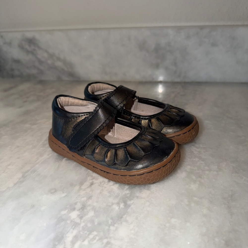 Livie & Luca Ruche Black Gold Metallic Leather Mary Jane Shoes Kids Size 5